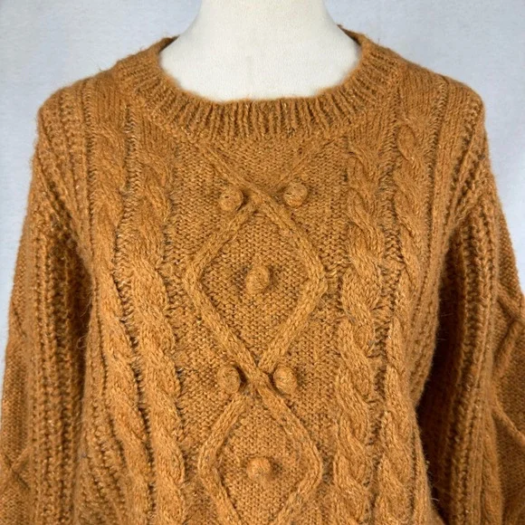 Dreamers‎ by Debut Women XL Cable Knit Pom Pom Cropped Sweater Honeycomb Autumn - Picture 2 of 9
